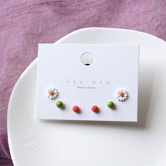 Picture of Stainless Steel & Ceramic Ear Post Stud Earrings Mixed Color Round Flower 9mm, 1 Set ( 6 PCs/Set)
