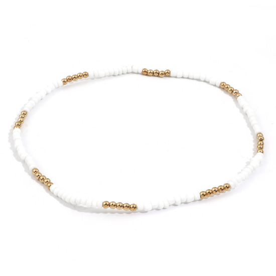 Picture of Glass Beaded Necklace White & Golden 40cm(15 6/8") long, 1 Piece