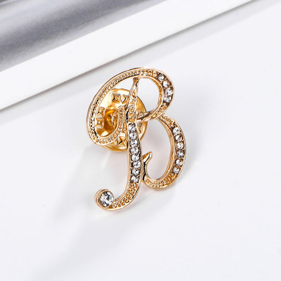 Imagen de Pin Broches Letras Mensaje " B " Chapado en Oro Transparente Rhinestone 27mm x 20mm, 1 Unidad