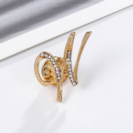 Imagen de Pin Broches Letras Mensaje " W " Chapado en Oro Transparente Rhinestone 27mm x 25mm, 1 Unidad
