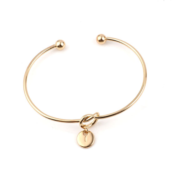 Picture of Open Cuff Bangles Bracelets Gold Plated Round Initial Alphabet/ Capital Letter " I " 18cm(7 1/8") long, 2 PCs