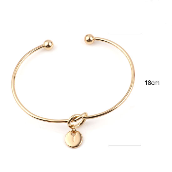Picture of Open Cuff Bangles Bracelets Gold Plated Round Initial Alphabet/ Capital Letter " I " 18cm(7 1/8") long, 2 PCs