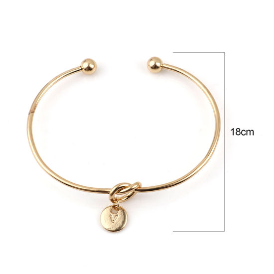 Picture of Open Cuff Bangles Bracelets Gold Plated Round Initial Alphabet/ Capital Letter " V " 18cm(7 1/8") long, 2 PCs