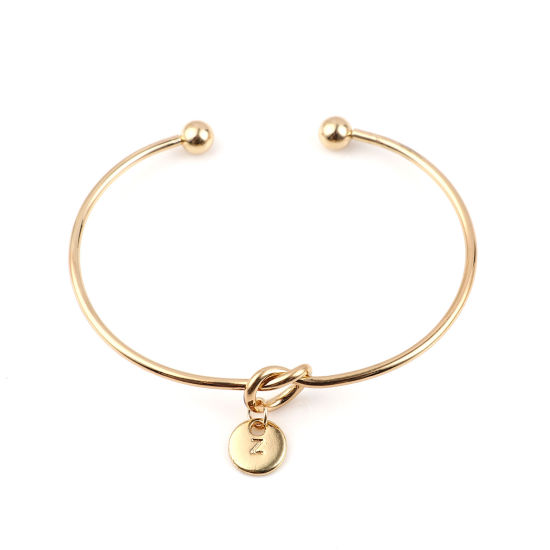 Picture of Open Cuff Bangles Bracelets Gold Plated Round Initial Alphabet/ Capital Letter " Z " 18cm(7 1/8") long, 2 PCs