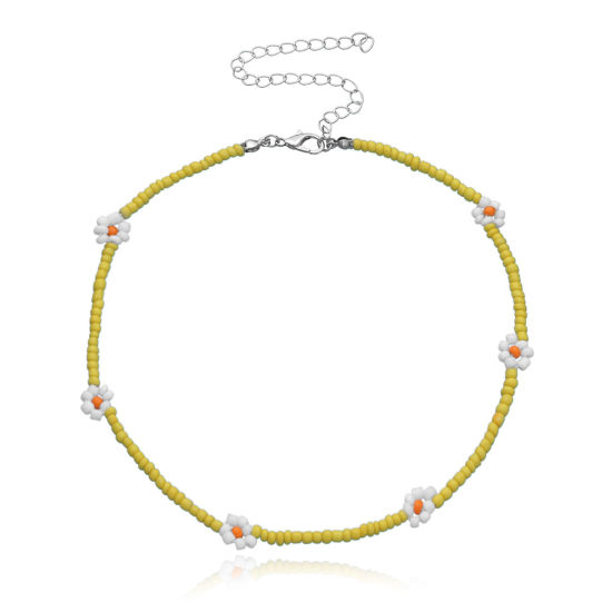 Изображение Стеклянные Ожерелье из бисера белый & желтый Цветок 35см Длина, 1 ШТ