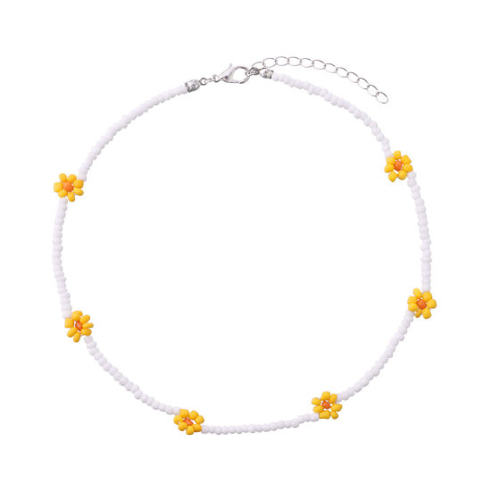 Изображение Стеклянные Ожерелье из бисера белый & желтый Цветок 35см Длина, 1 ШТ