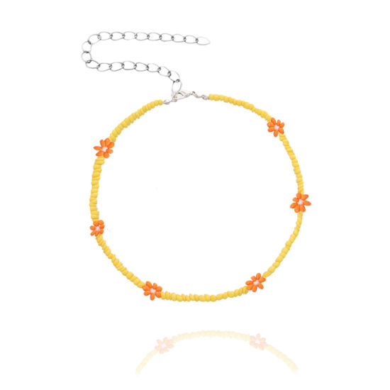 Изображение Стеклянные Ожерелье из бисера Желтый+Оранжевый Цветок 35см Длина, 1 ШТ