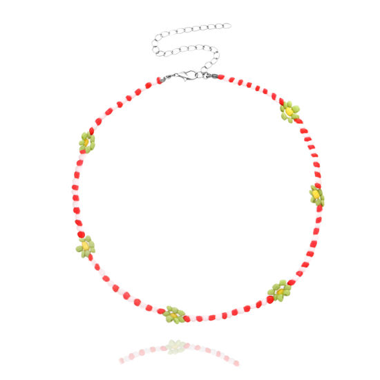 Изображение Стеклянные Ожерелье из бисера Красный & Зеленый Цветок 35см Длина, 1 ШТ