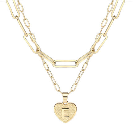 Picture of Necklace Real Gold Plated Heart Initial Alphabet/ Capital Letter Message " E " Clear Cubic Zirconia 43cm(16 7/8") 38.5cm(15 1/8") long, 1 Set ( 2 PCs/Set)