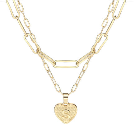 Picture of Necklace Real Gold Plated Heart Initial Alphabet/ Capital Letter Message " S " Clear Cubic Zirconia 43cm(16 7/8") 38.5cm(15 1/8") long, 1 Set ( 2 PCs/Set)