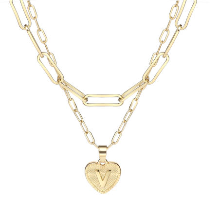 Picture of Necklace Real Gold Plated Heart Initial Alphabet/ Capital Letter Message " V " Clear Cubic Zirconia 43cm(16 7/8") 38.5cm(15 1/8") long, 1 Set ( 2 PCs/Set)