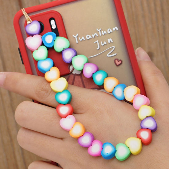 Picture of Polymer Clay Beaded Mobile Phone Chain Lanyard Multicolor Heart 28cm  long, 1 Piece