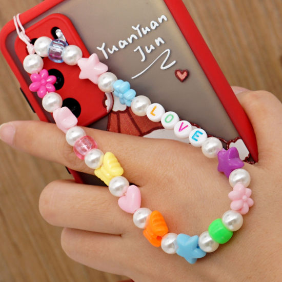 Picture of Acrylic Beaded Mobile Phone Chain Lanyard Multicolor Pentagram Star Love Symbol Imitation Pearl 28cm  long, 1 Piece