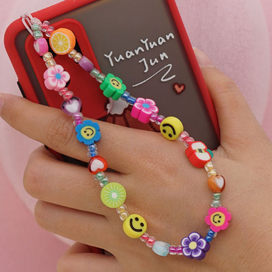 Picture of Polymer Clay & Acrylic Beaded Mobile Phone Chain Lanyard Multicolor Flower Smile 28cm  long, 1 Piece