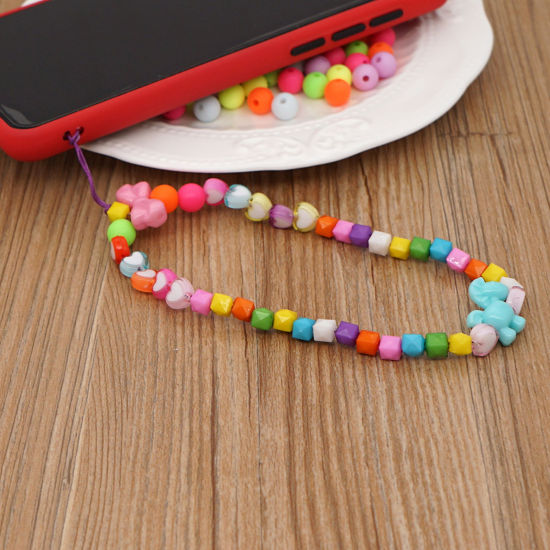 Picture of Acrylic Beaded Mobile Phone Chain Lanyard Multicolor Square Heart Faceted 28cm  long, 1 Piece