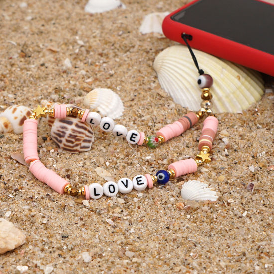 Picture of Polymer Clay & Acrylic Beaded Mobile Phone Chain Lanyard White & Pink Round Love Symbol 28cm  long, 1 Piece