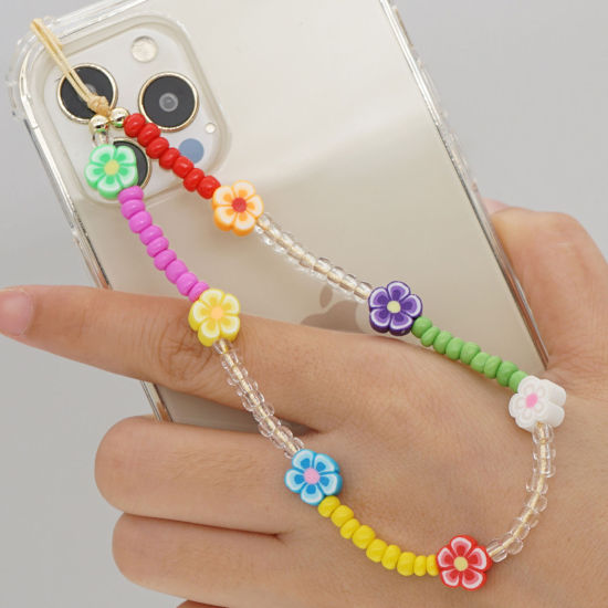 Picture of Polymer Clay & Acrylic Beaded Mobile Phone Chain Lanyard Multicolor Flat Round Flower 28cm  long, 1 Piece