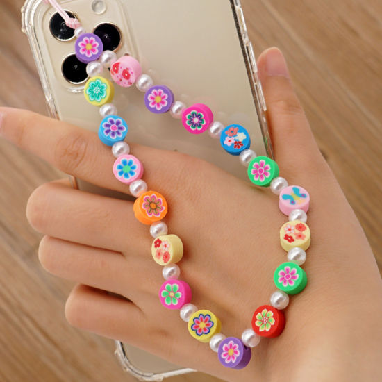Picture of Polymer Clay & Acrylic Beaded Mobile Phone Chain Lanyard Multicolor Round Flower Imitation Pearl 28cm  long, 1 Piece