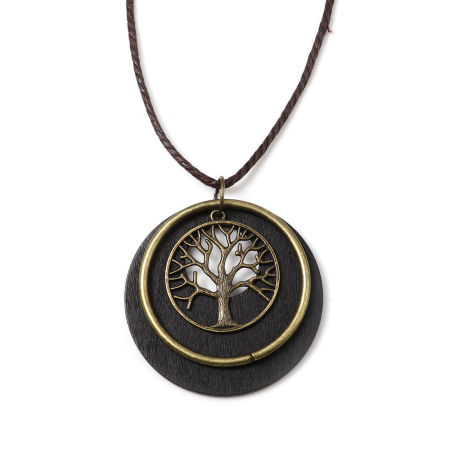 Image de Collier de Chandail en Alliage de Zinc & Bois Naturel Bronze Antique Noir Rond Arbres 84cm long, 2 Pièces