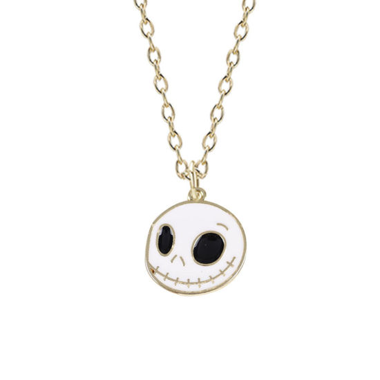 Picture of Halloween Necklace Gold Plated White Skull Enamel 45cm(17 6/8") long, 1 Piece