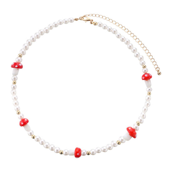 Picture of Acrylic Beaded Necklace Gold Plated White & Red Mushroom Imitation Pearl 40cm(15 6/8") long, 1 Piece
