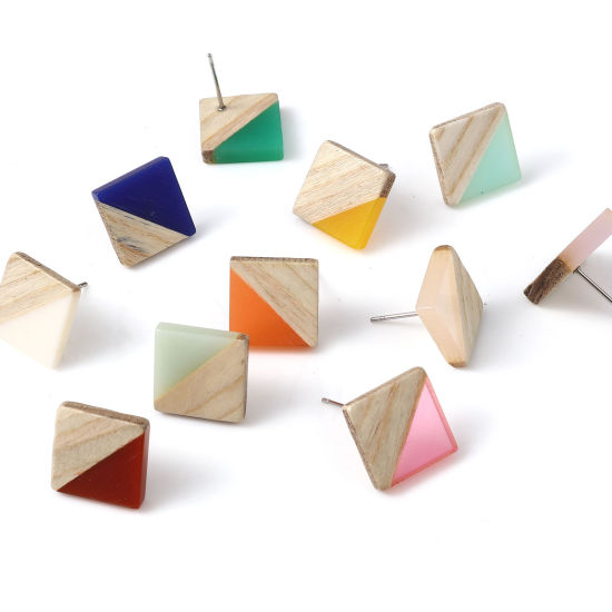 Picture of Resin & Natural Wood Ear Post Stud Earrings At Random Color Mixed Square 13mm x 13mm, Post/ Wire Size: (21 gauge), 5 PCs