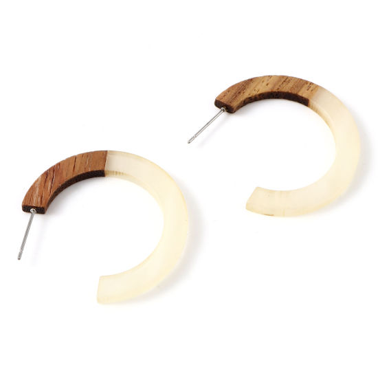 Picture of Natural Wood Hoop Earrings Creamy-White C Shape 3.5cm x 2.8cm, 2 PCs