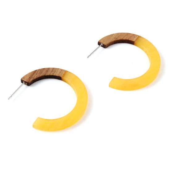 Picture of Natural Wood Hoop Earrings Yellow C Shape 3.5cm x 2.8cm, 2 PCs