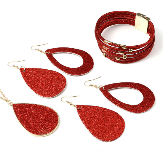 Picture of PU Leather Paillette Sequin Jewelry Set Red 56cm(22") long, 7.6cm x 3.8cm, 1 Set ( 4 PCs/Set)
