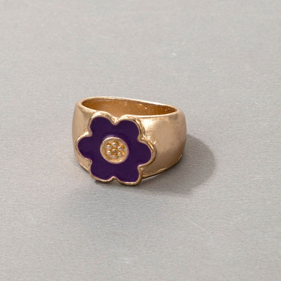 Unadjustable Rings Gold Plated Purple Enamel Flower 17mm(US Size 6.5), 2 PCs の画像