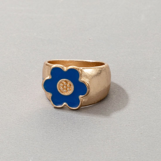 Unadjustable Rings Gold Plated Blue Enamel Flower 17mm(US Size 6.5), 2 PCs の画像