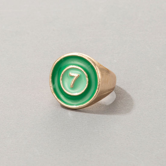 Picture of Unadjustable Rings Gold Plated Green Enamel Round Number Message " 7 " 17mm(US Size 6.5), 2 PCs