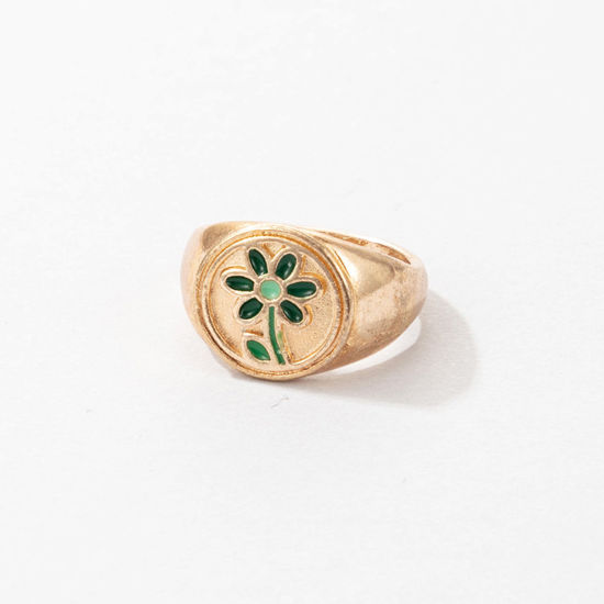 Unadjustable Rings Gold Plated Green Enamel Flower 17mm(US Size 6.5), 2 PCs の画像