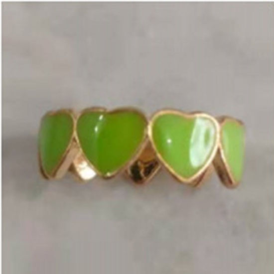 Picture of Unadjustable Rings Gold Plated Green Enamel Heart 17mm(US Size 6.5), 2 PCs