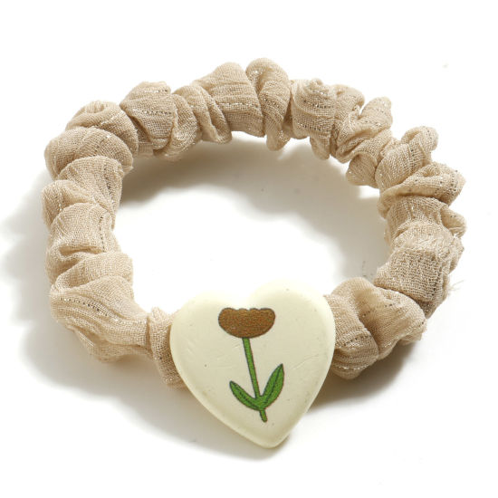 Picture of Cute Ponytail Holder Hair Ties Band Scrunchies Khaki Heart Flower 6.5cm Dia., 1 Piece