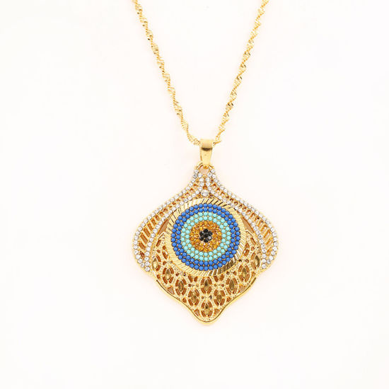 Image de Colliers Religieux Doré Bleu Mauvais Œil à Strass Coloré 50cm long, 1 Pièce