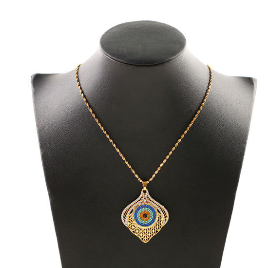 Image de Colliers Religieux Doré Bleu Mauvais Œil à Strass Coloré 50cm long, 1 Pièce