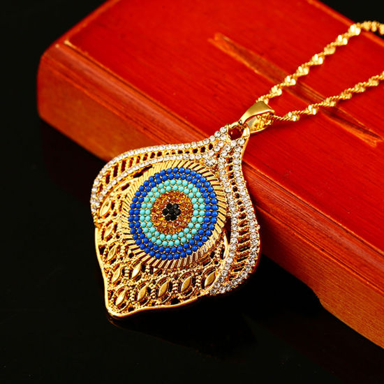 Image de Colliers Religieux Doré Bleu Mauvais Œil à Strass Coloré 50cm long, 1 Pièce