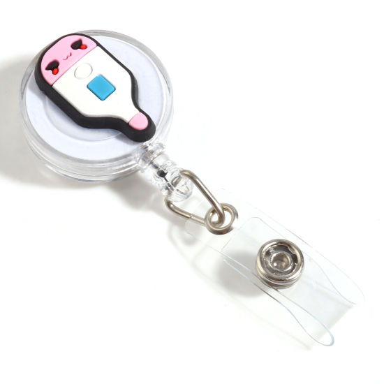 Picture of Plastic Medical Retractable ID Badge Card Holder Reels Clips Thermometer Round White & Pink 11.6cm, 1 Piece