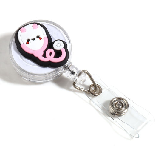 Picture of Plastic Medical Retractable ID Badge Card Holder Reels Clips Stethoscope Round White & Pink 11.6cm, 1 Piece