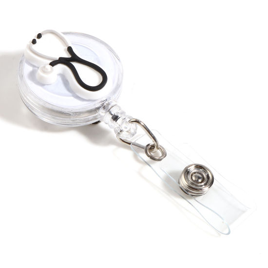 Picture of Plastic Medical Retractable ID Badge Card Holder Reels Clips Stethoscope Round White & Gray 11.6cm, 1 Piece