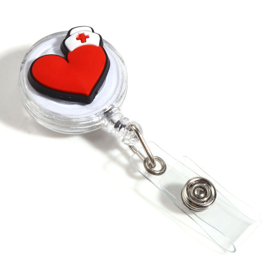 Picture of Plastic Medical Retractable ID Badge Card Holder Reels Clips Round Heart Red 11.6cm, 1 Piece