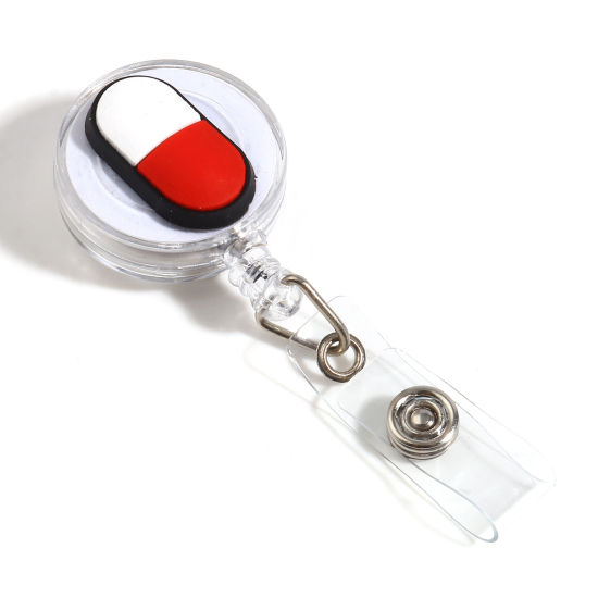 Picture of Plastic Medical Retractable ID Badge Card Holder Reels Clips Pill Round White & Red 11.6cm, 1 Piece