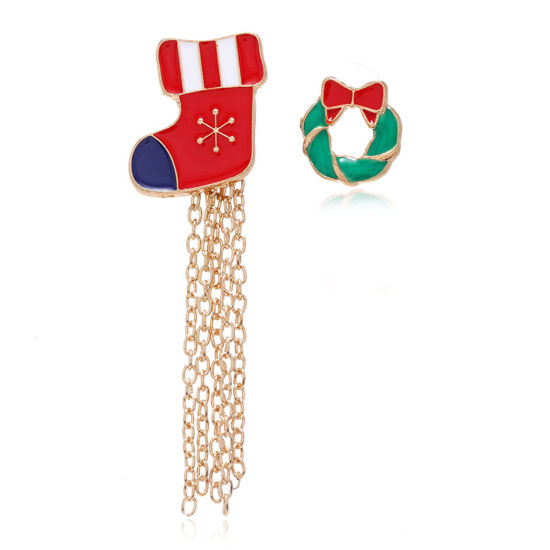 Imagen de Pin Broches Calceta De la Navidad Guirnalda Chapado en Oro Esmalte 1.5cm, 1 Juego ( 2 Unidades/Juego)