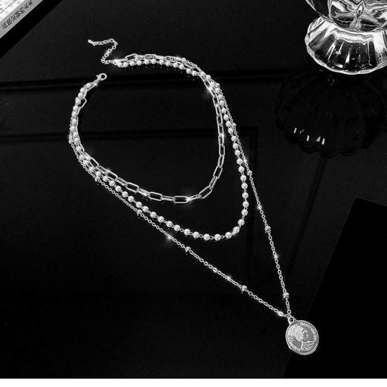 Picture of Multilayer Layered Necklace Silver Tone White Round Head Portrait Imitation Pearl 1 Piece