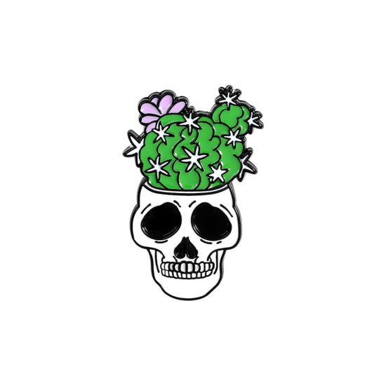 Image de Broche Epingle Halloween Plante en Pot Crânes Blanc & Vert Émail 31mm x 20mm, 1 Pièce