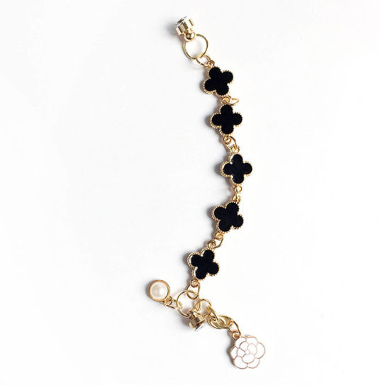 Picture of Zinc Based Alloy Beaded Mobile Phone Chain Gold Plated Black Flower Enamel 15cm long, 1 Piece