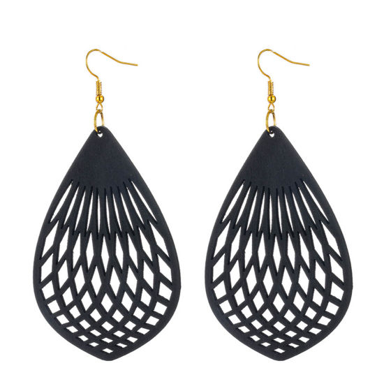 Picture of Natural Wood Earrings Black Geometric Hollow 7.5cm x 3.5cm, 1 Pair