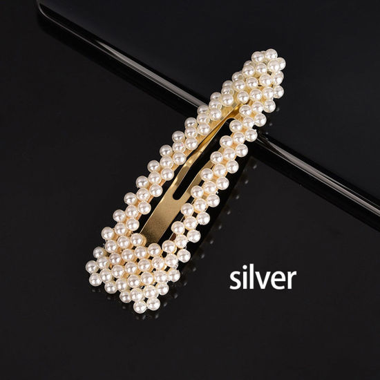Imagen de Aleación de metal de Zinc + Acrílico Pinzas de pelo Tono de Plata Blanco Gota Imitación de perla 9cm, 1 Unidad