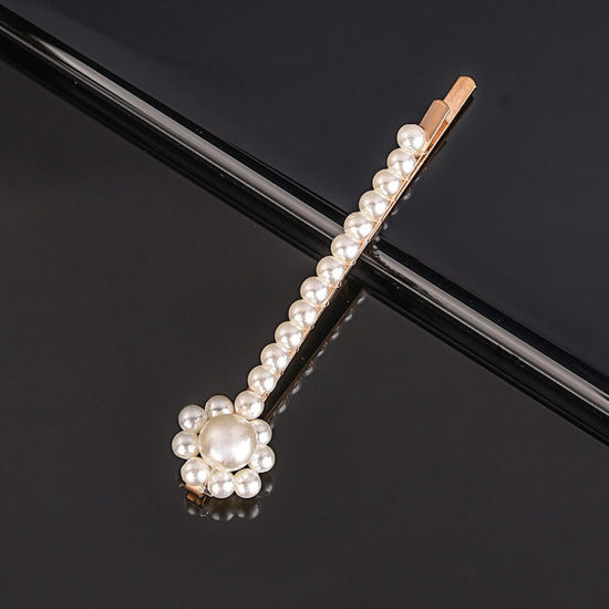 Picture of Zinc Based Alloy & Acrylic Hair Clips Gold Plated White Flower Imitation Pearl 9.5cm, 1 Piece